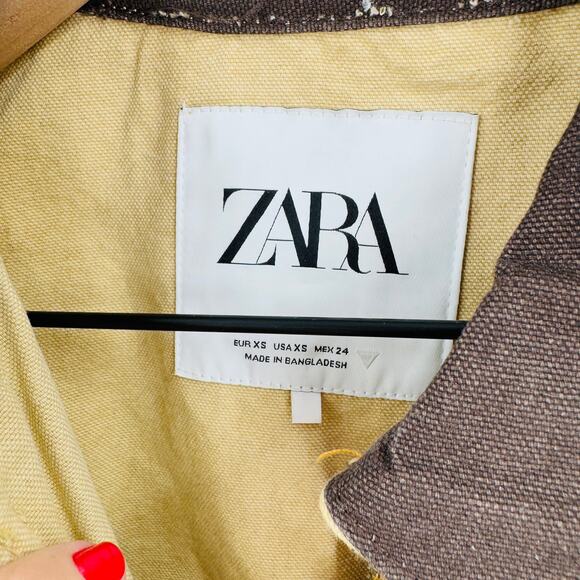 Zara Cropped Utility Barn Jacket Tan Corduroy Contrast Collar Drawstring Hem XS - Picture 3 of 7